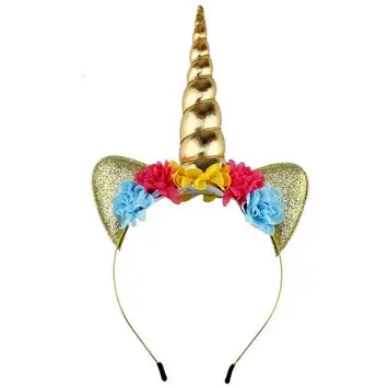 Lili Marleen Enhjørning/unicorn hårbøjle, guld med blå, pink, gul blomster - deluxe