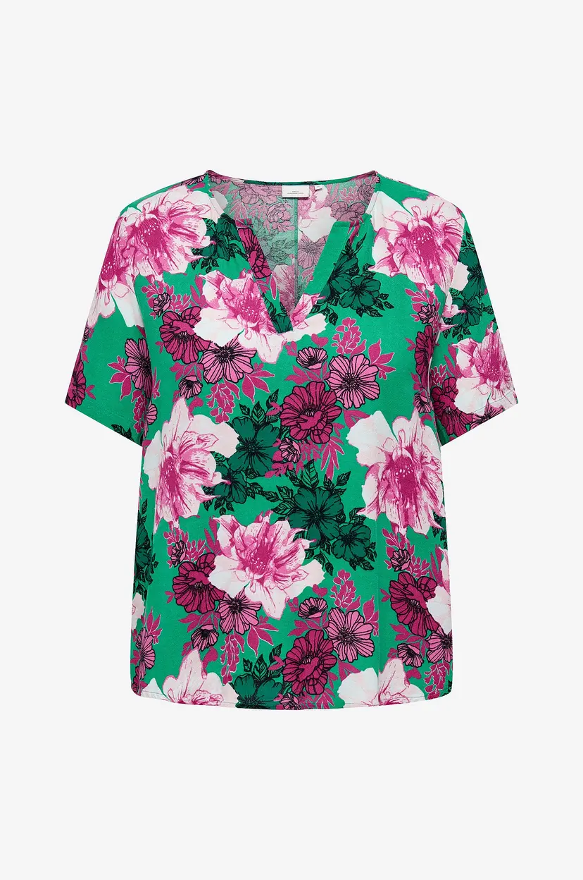 Only Carmakoma Bluse carClea Life S/S V-neck Top Aop - Grønn