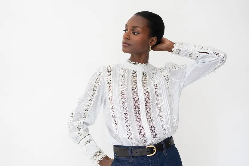 The Shirt Company ANNALISA BLOUSE - Blue Stripe, Lace, Cotton Cambric