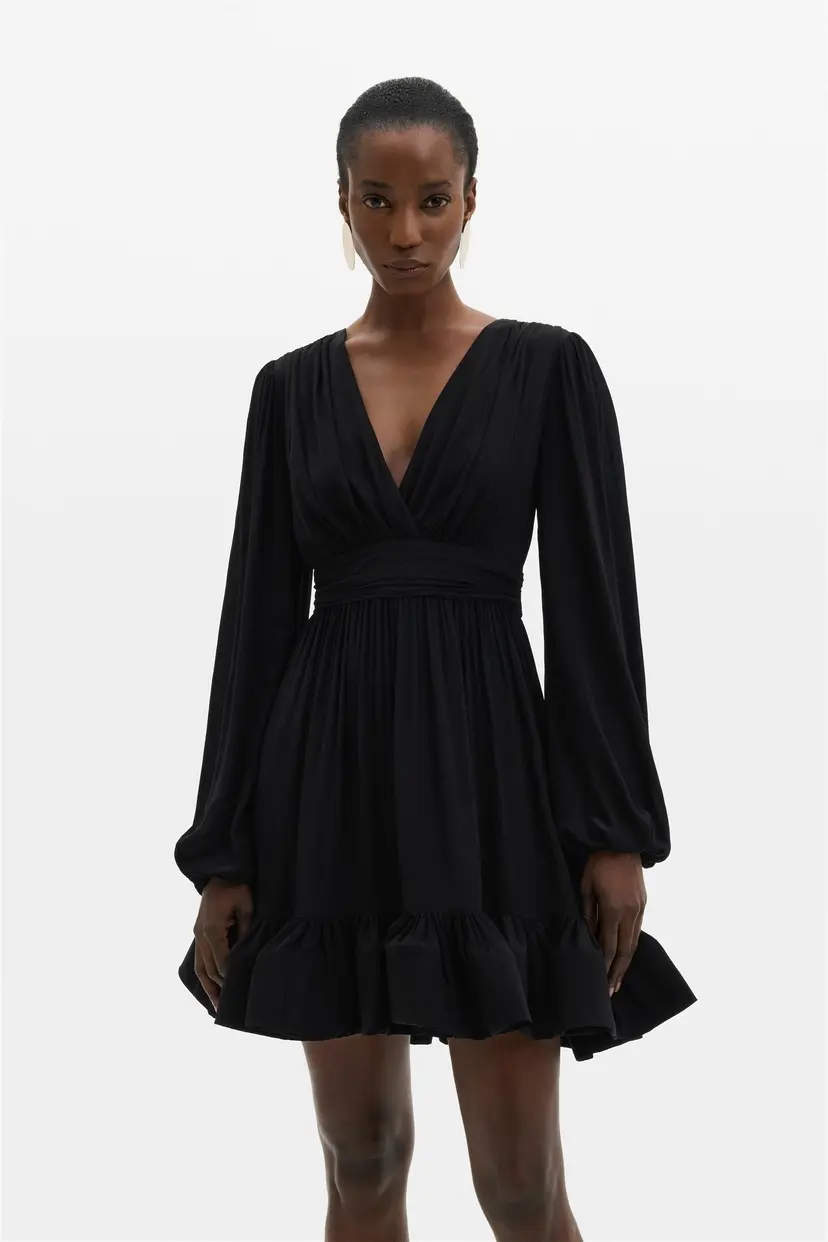 Malina Jadie V-Neck Ruffled Mini Dress Black - XS