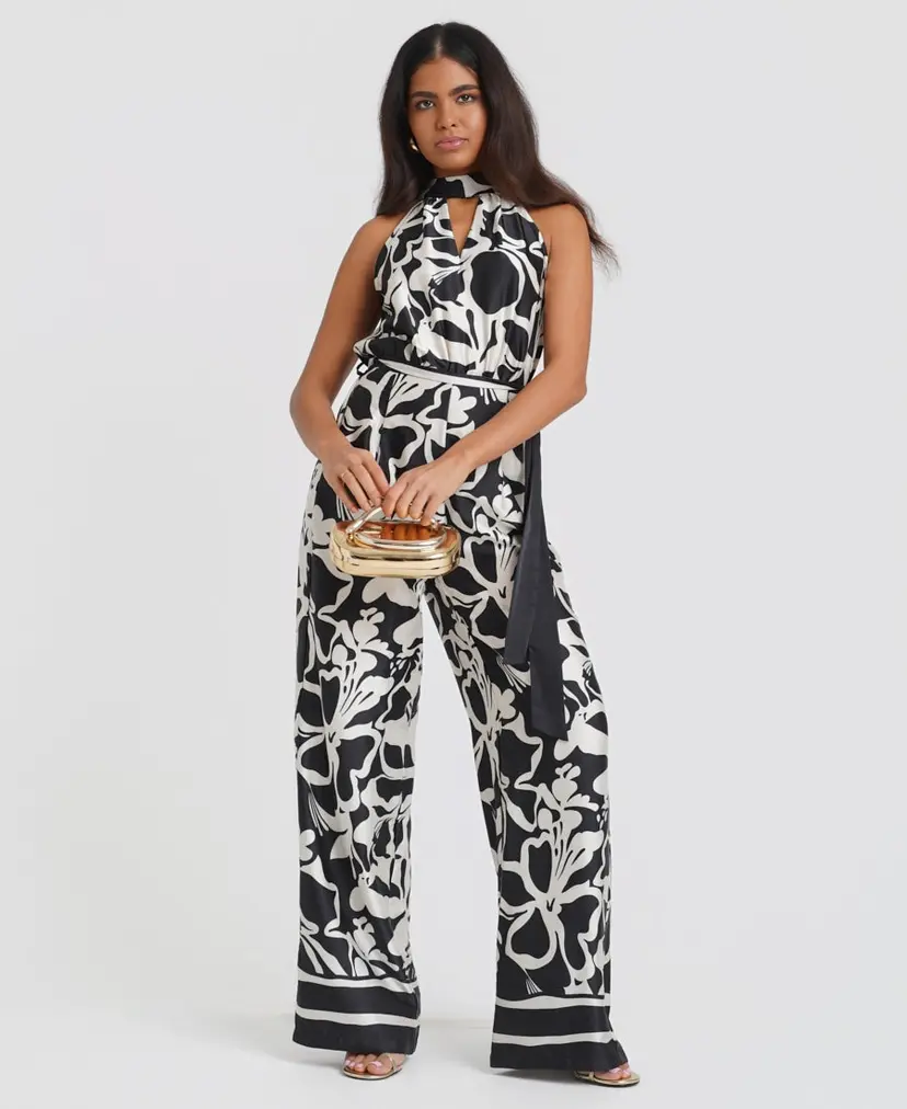Needs No Label Black Floral Satin Halterneck Jumpsuit