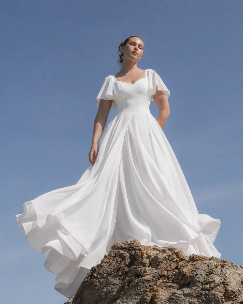 MurlongCres. Alette Maxi Dress Flutter Sleeves – White Bridal & Wedding Dress, XXS