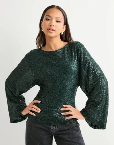 Nelly Nelly - Grønn - Glitter Volume Sleeve Top