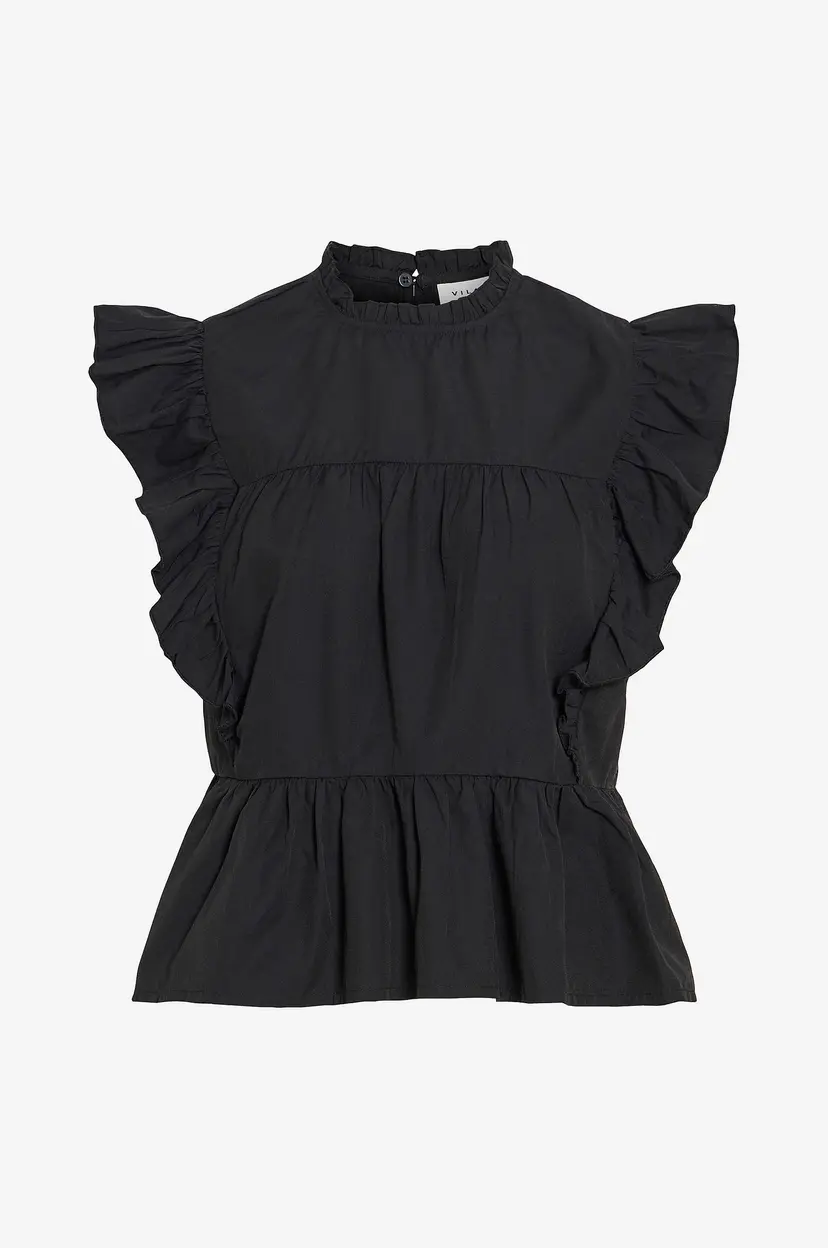 Vila Bluse viRufella O-neck S/L Frill Top - Svart