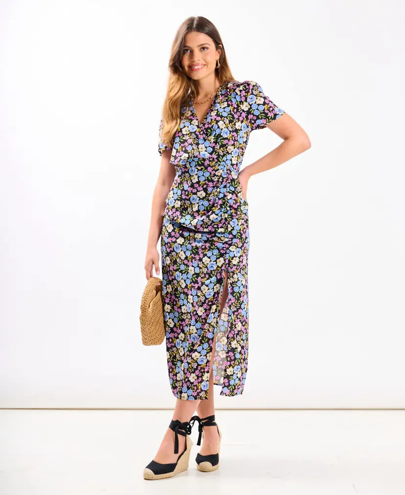 Needs No Label Multicoloured Floral Wrap Midi Dress