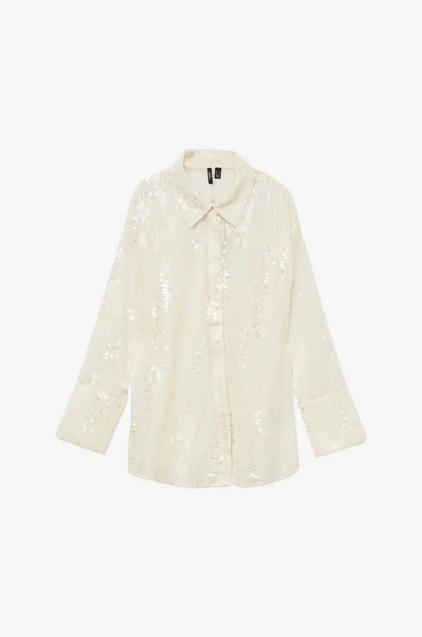 Vero Moda Curve Skjorte vmcSus Sequins Oversize LS Shirt - Hvit
