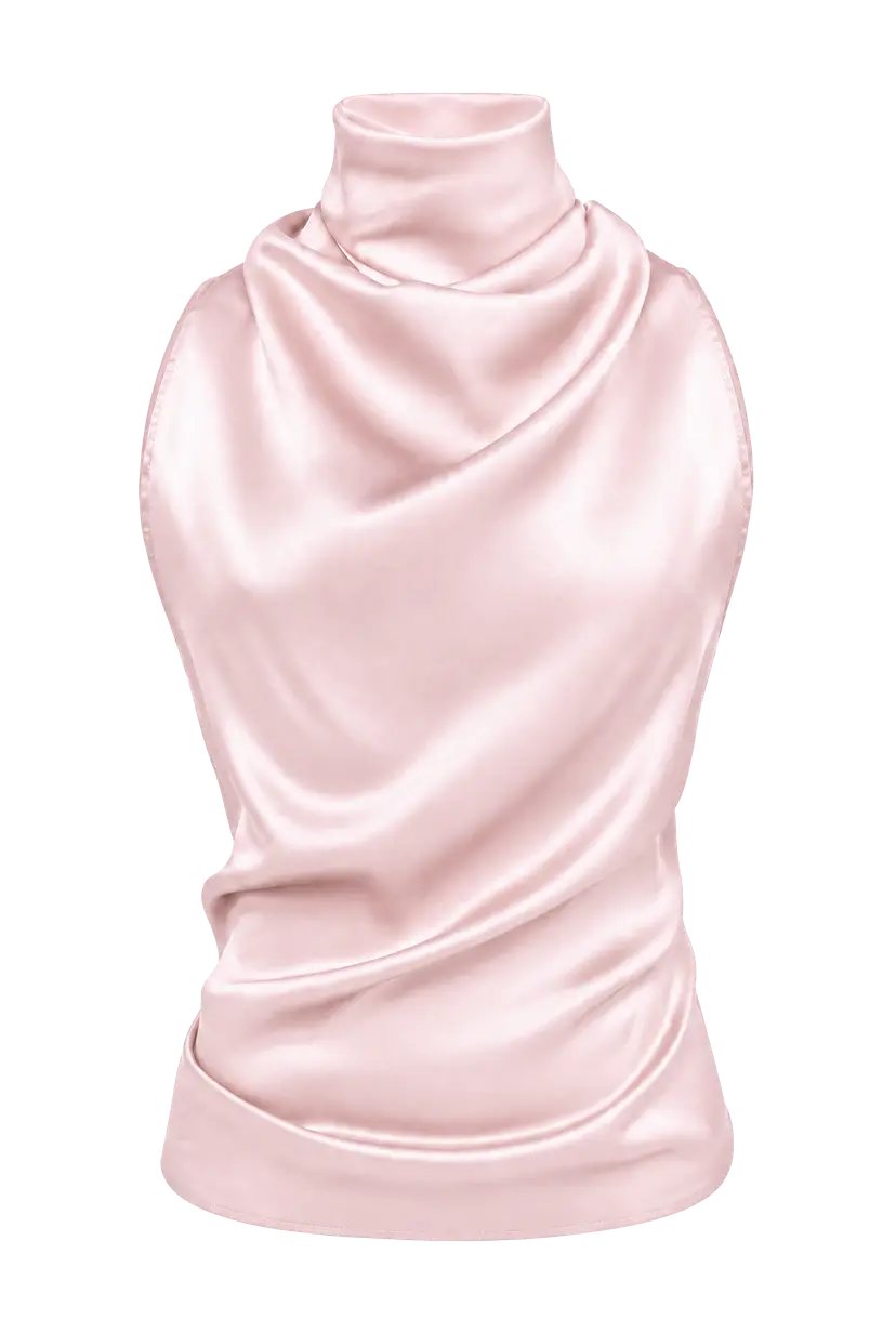 MURLONG CRES Helena High-Neck Silk Halter Top Light Pink, XS-S