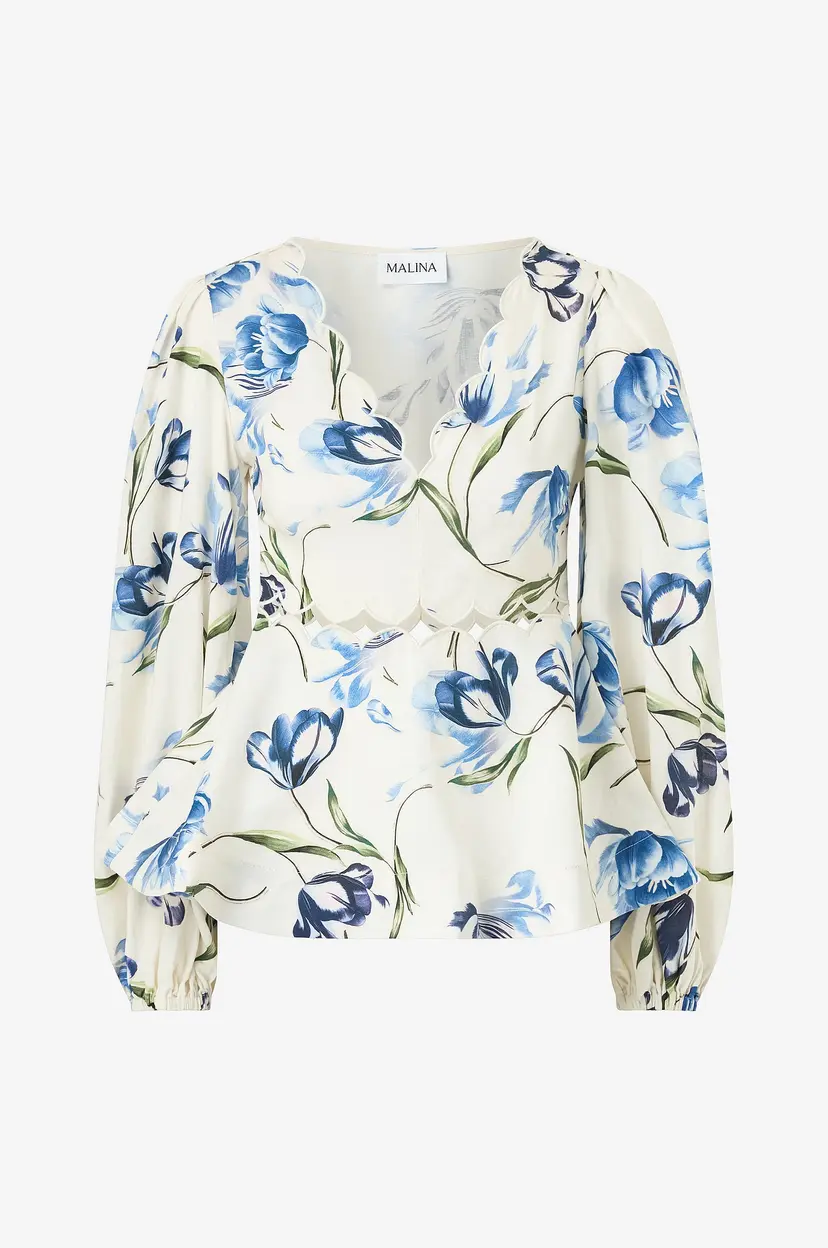 By Malina Topp Maya Scalloped Balloon Sleeve Blouse - Blå