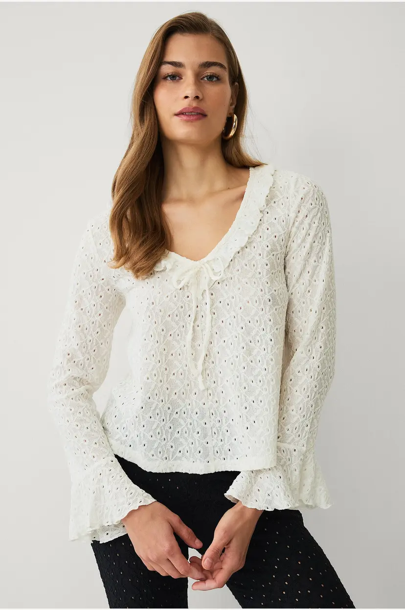 Ellos Collection Jerseybluse med volanger - Hvit