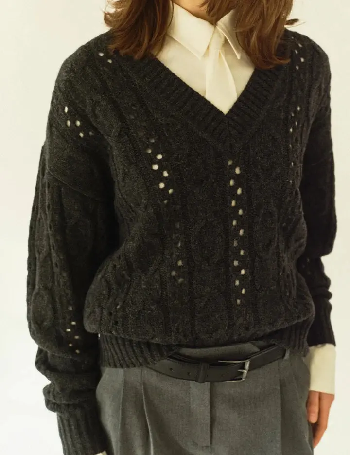 Designers Remix Danze Cable V-Neck Dark Grey Melange - XS
