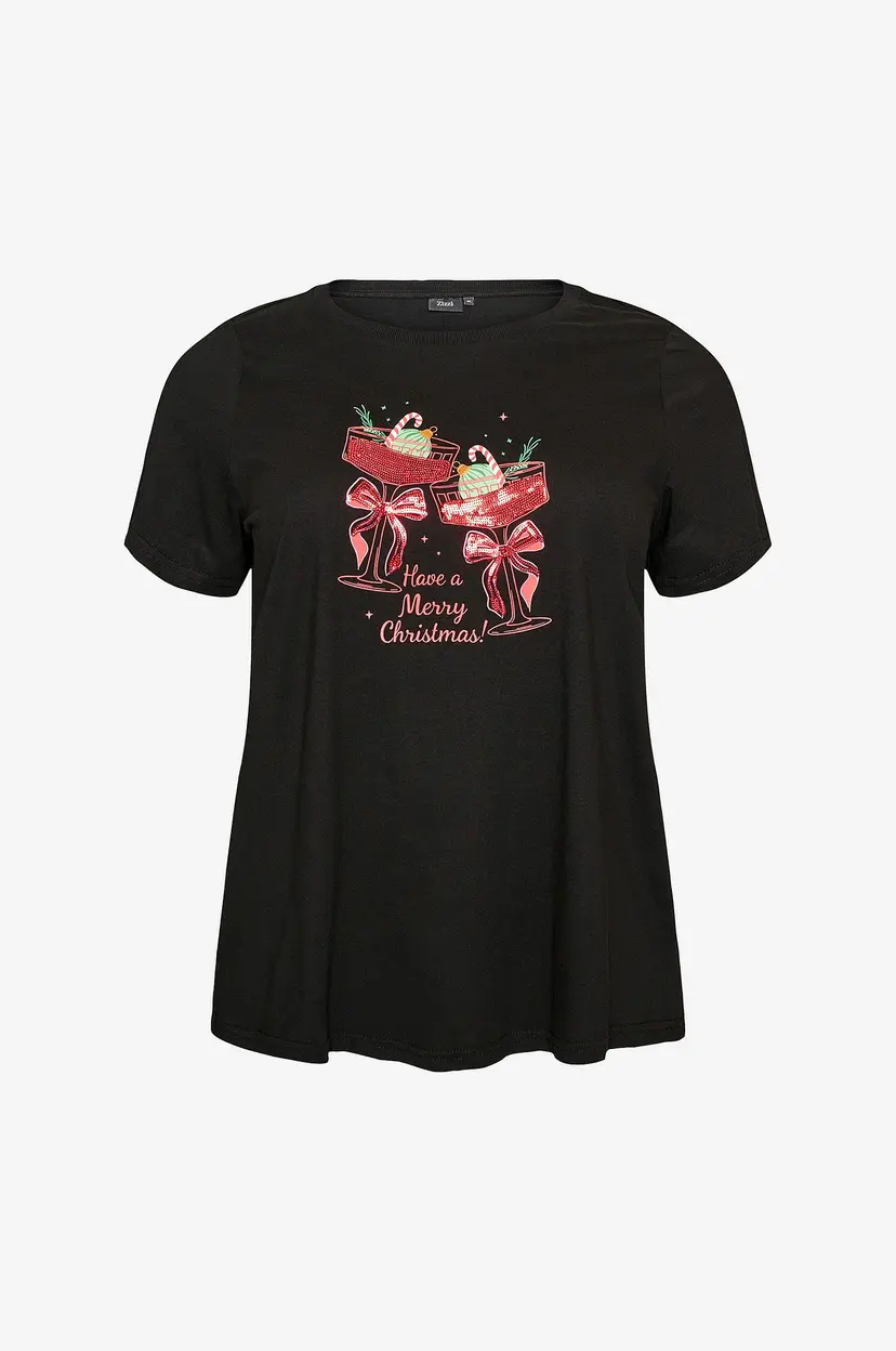 Zizzi T-skjorte Mchristmas, S/S, Straight Tee - Svart