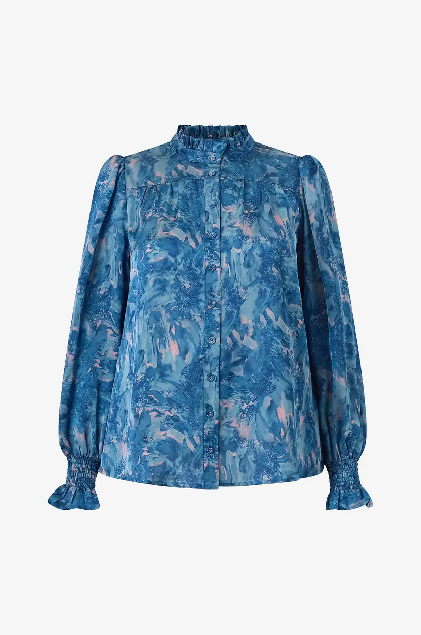 NO. 1 BY OX Bluse Shirt w Flair Neckline And LS Smock Cuffs Flair - Blå