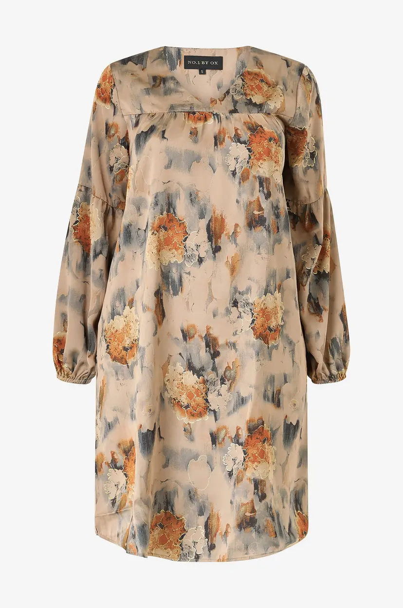 NO. 1 BY OX Kjole V Neck Dress w Yoke And Puff Sleeves - Beige