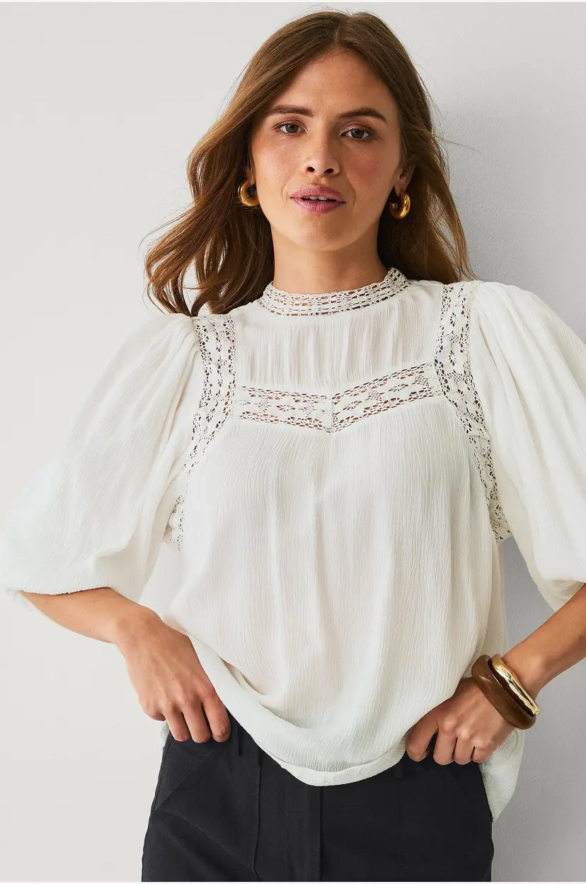 Ellos Collection Bluse med blondeinnsatser - Hvit