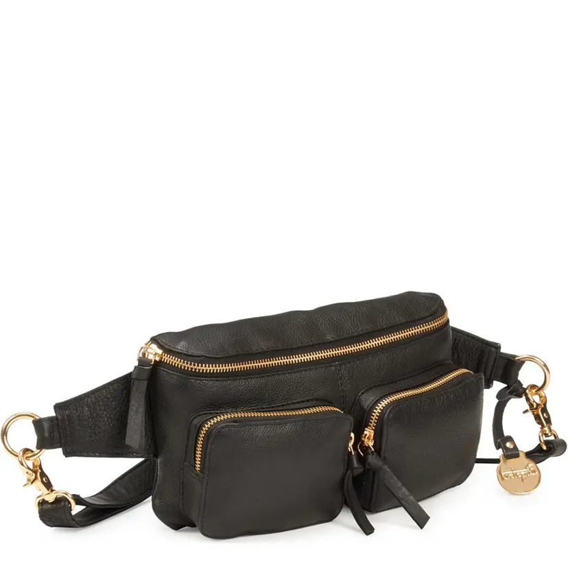 Octopus Denmark Style Nile i sort med lynlåse, ringe & karabiner i guld. Suveræn skulder,- crossbody & bumbag taske i flot læder