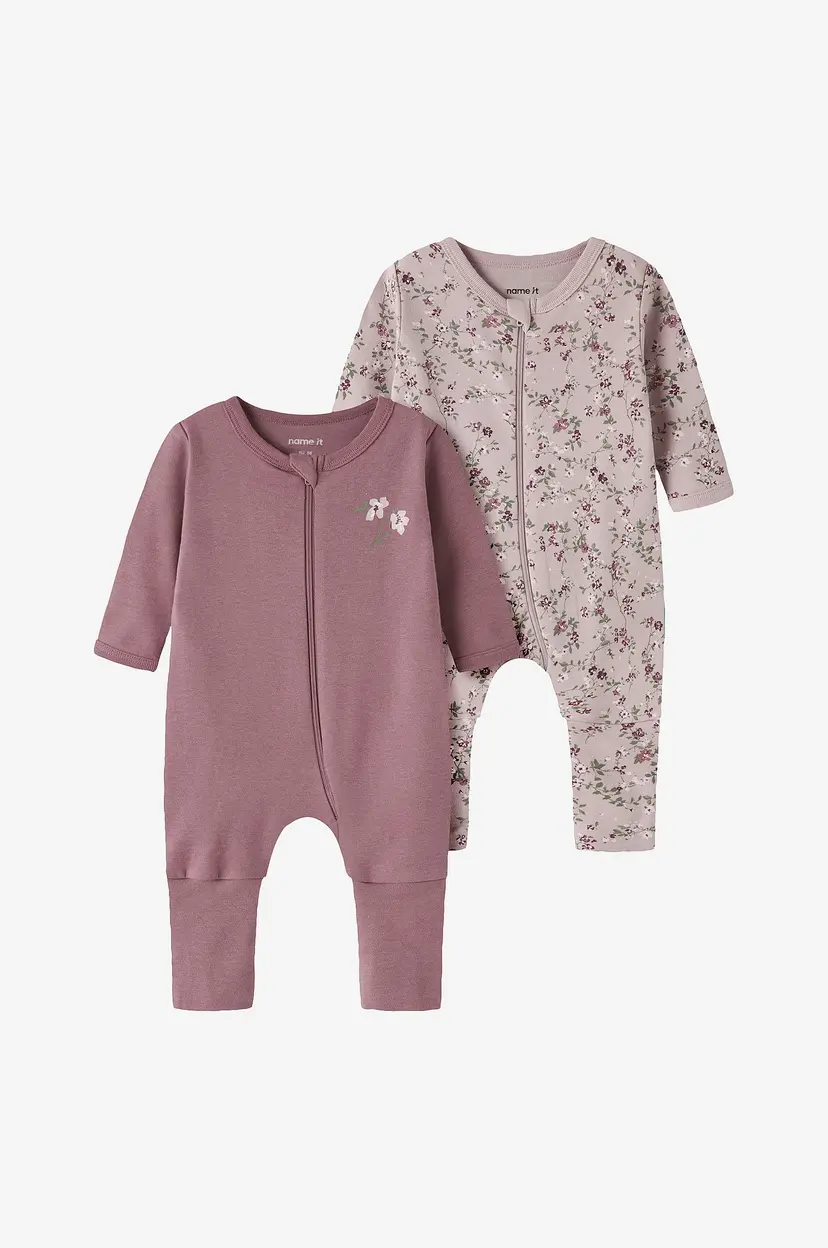 Name it baby Pyjamasoverall nbfNightsuit Zip FF Violetflower 2-pakning - Rosa
