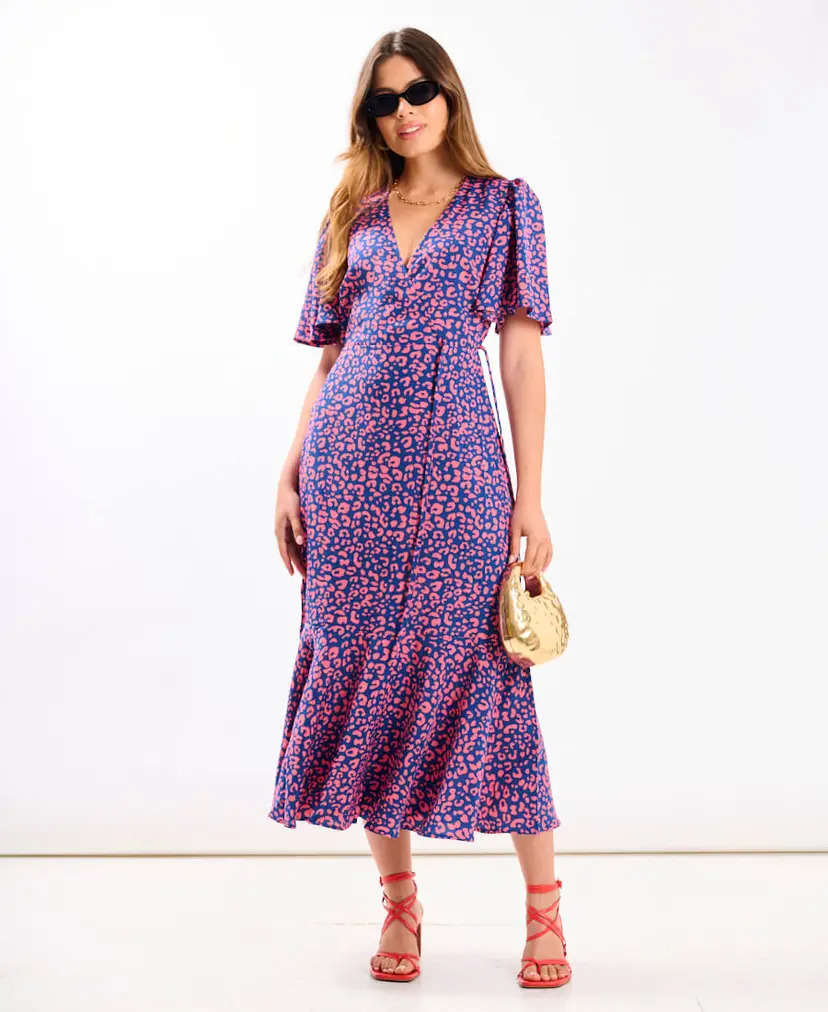 Needs No Label Pink Animal Wrap Midi Dress