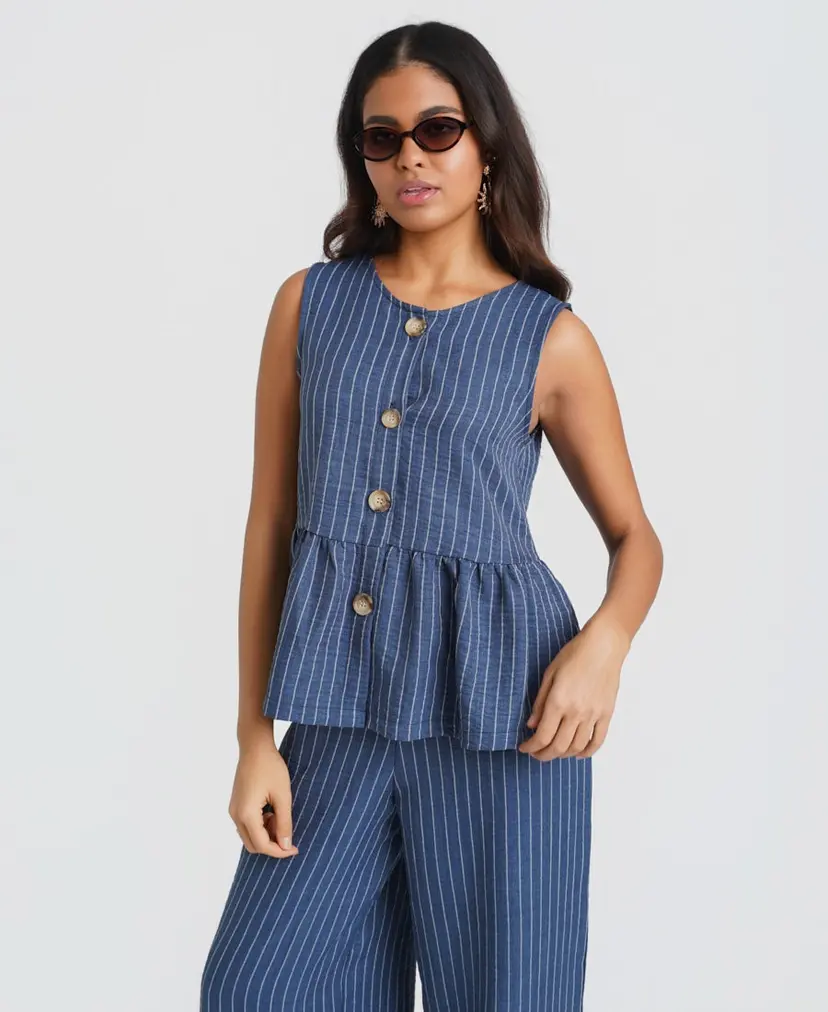 Needs No Label Blue Stripe Peplum Co-ord Top