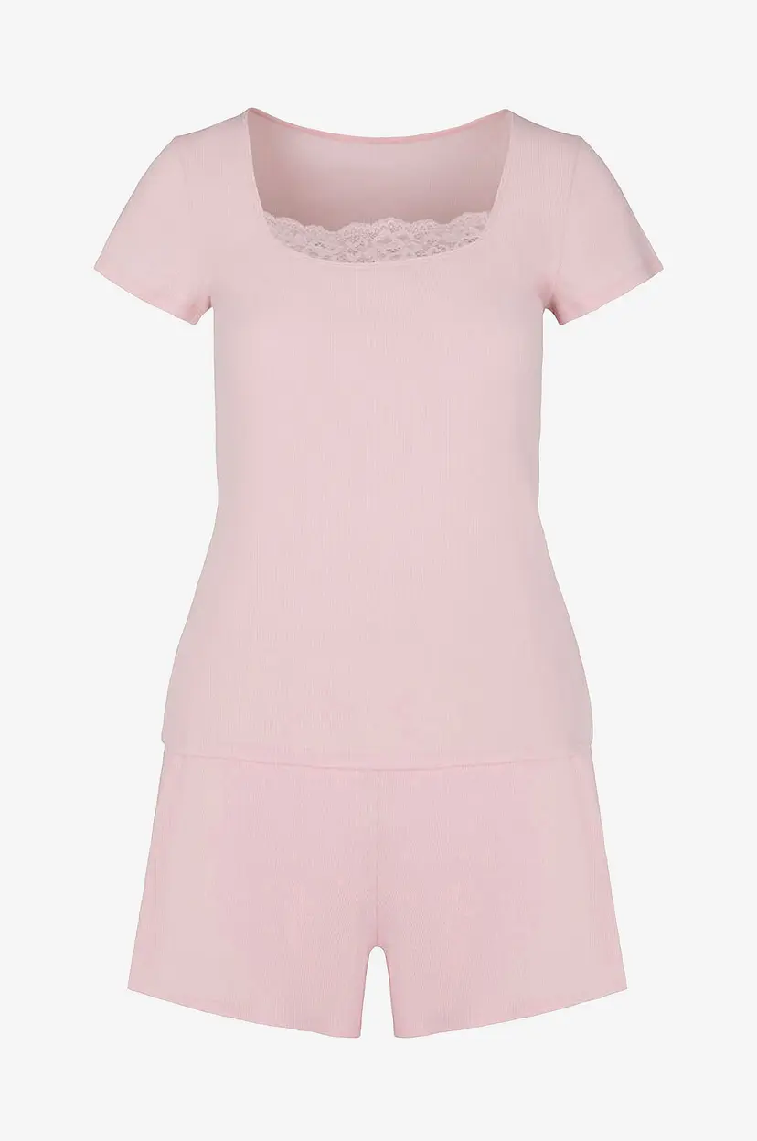 Hunkemöller Pysjsett Pj Ss Short Rib Lace - Rosa