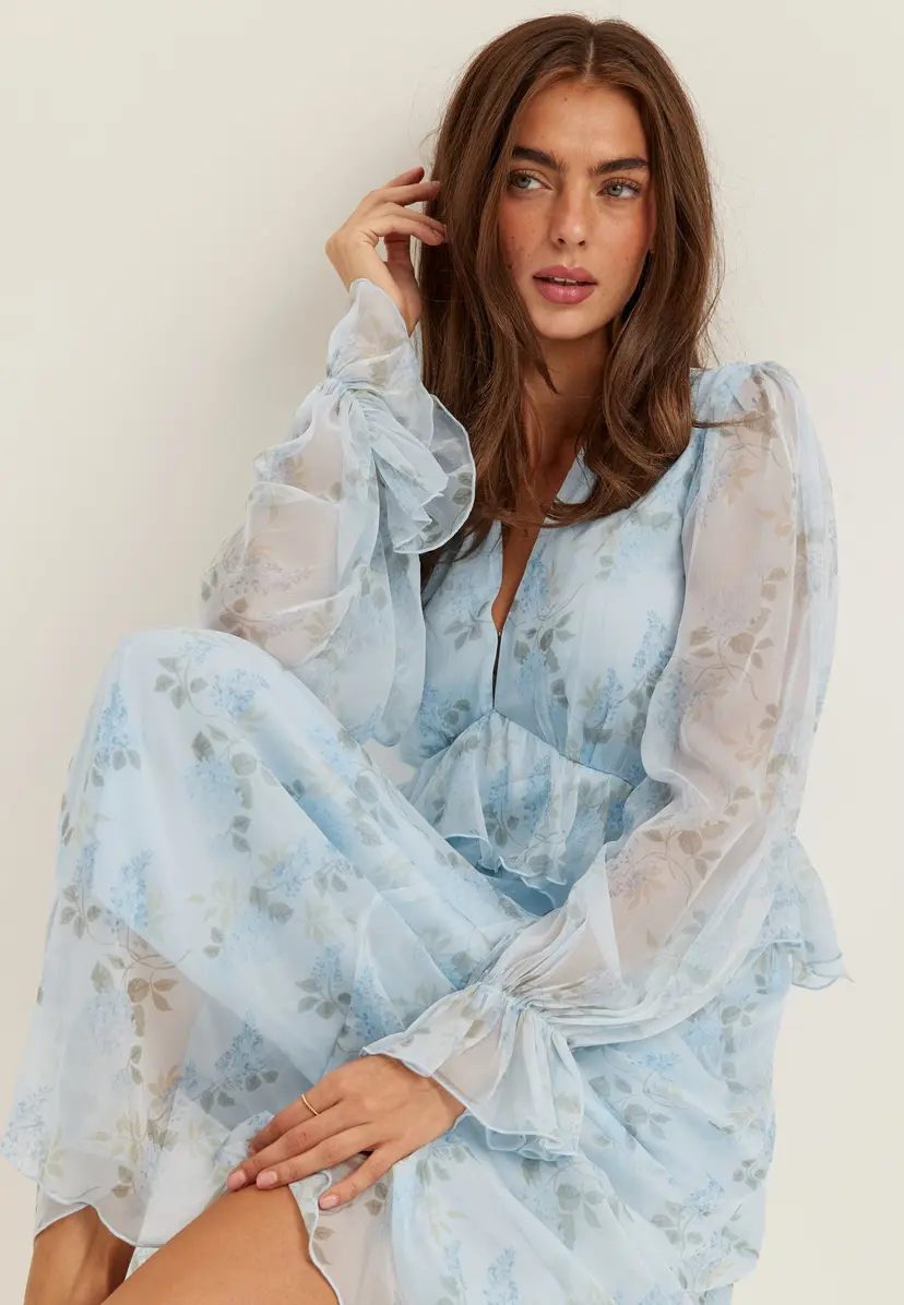 Bubbleroom Occasion Frill L/S Chiffon Midi Dress