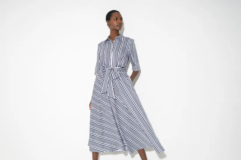 The Shirt Company LE MARAIS DRESS - Navy Stripe, Cotton Sateen