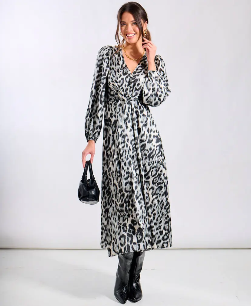 Needs No Label Silver Animal Tie Front Midi Dress