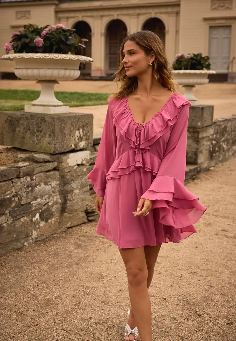 Bubbleroom Occasion Trumpet Sleeve Frill Short Dress