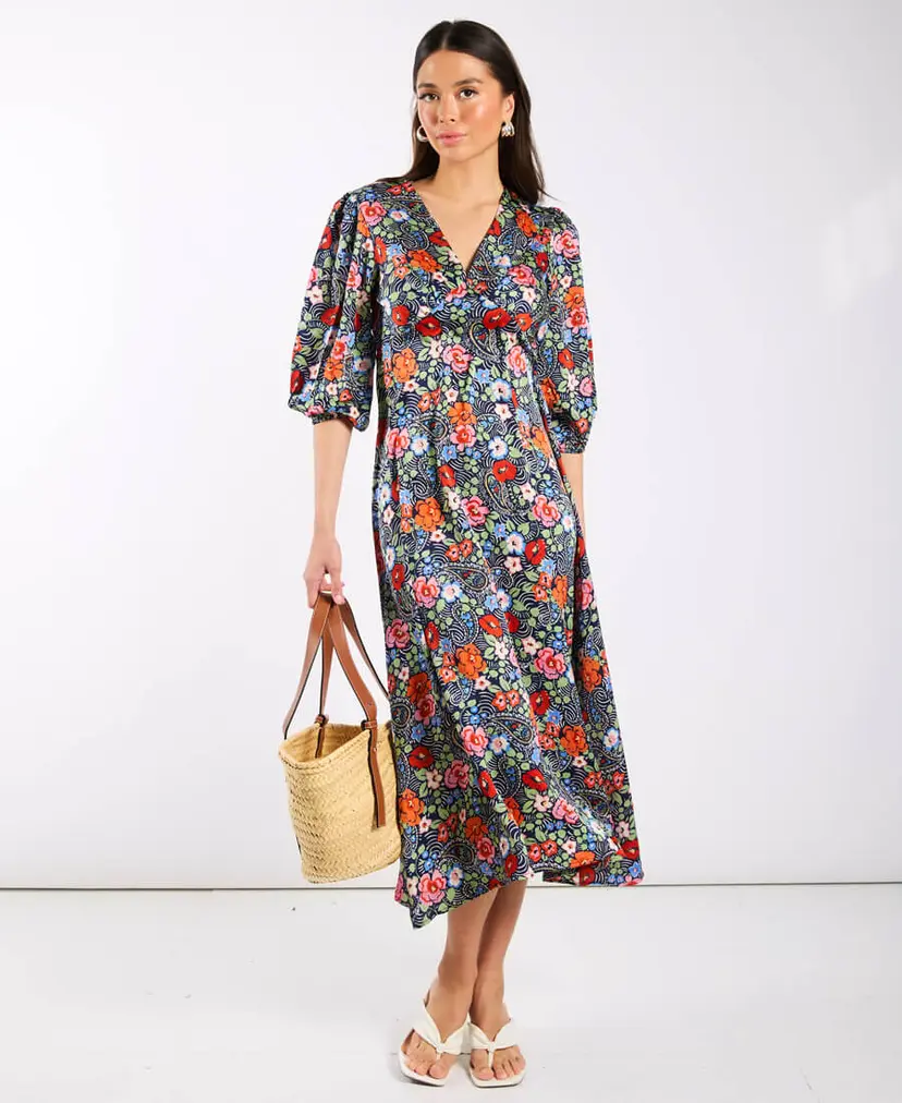 Needs No Label Multicoloured Floral Satin Midi Dress