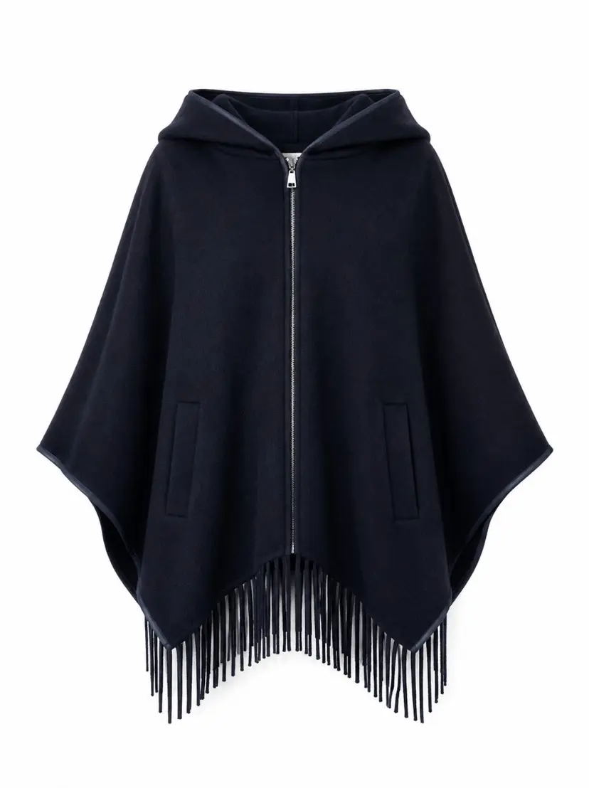 From Paris With Love Wool Cape with Fringes Navy