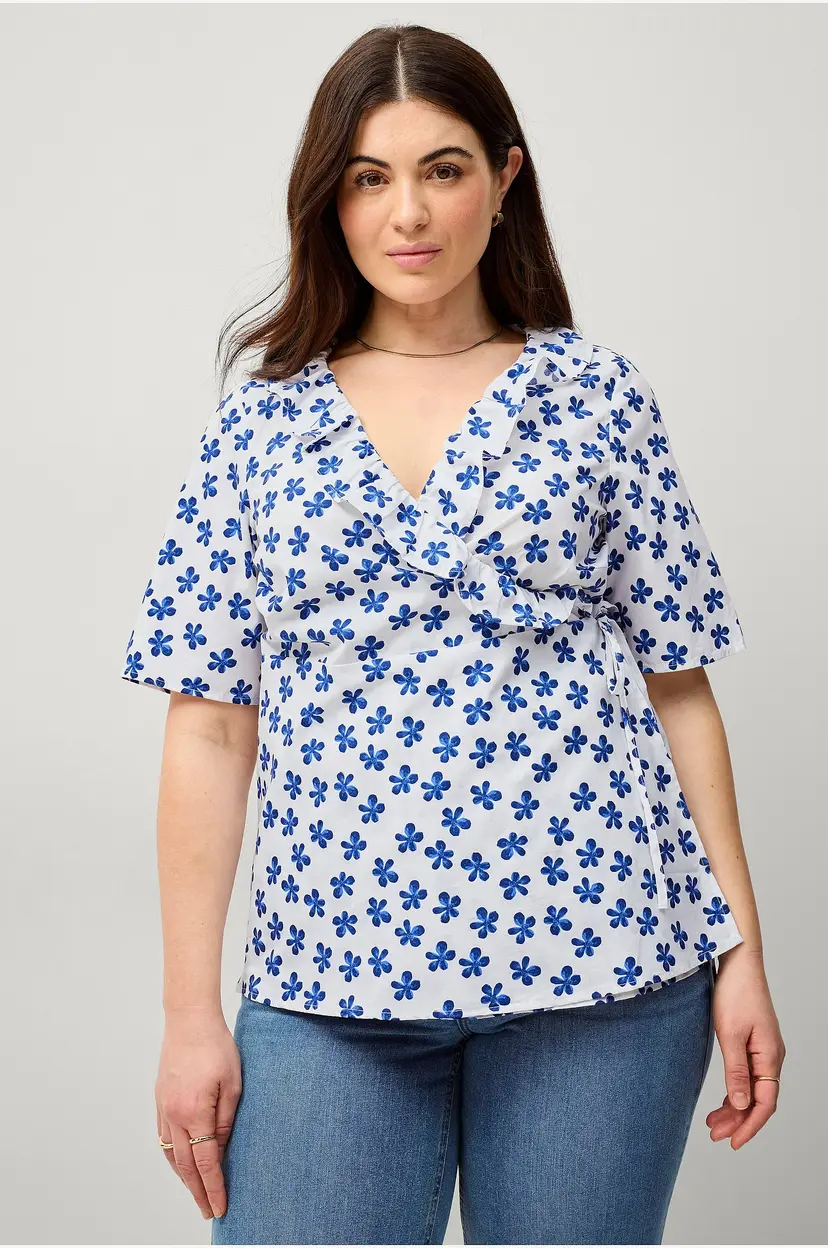 Zizzi Omslagsbluse vLola S/S Wrap Aop Top - Blå