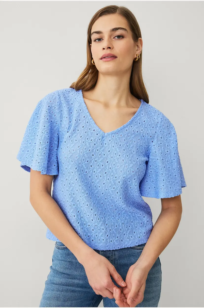 Ellos Collection Jerseybluse med draperte volangermer - Blå