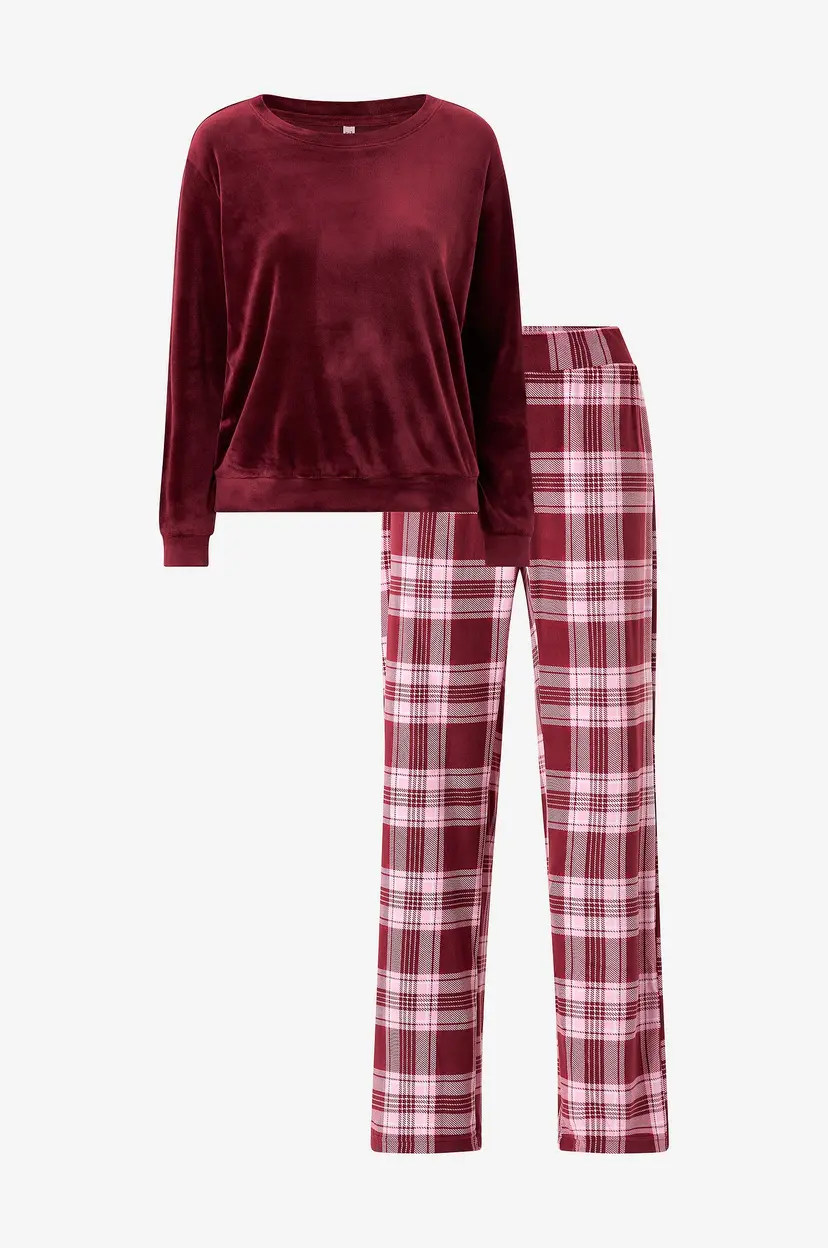 Hunkemöller Pysjsett PJ Set LS Velours Check - Rød
