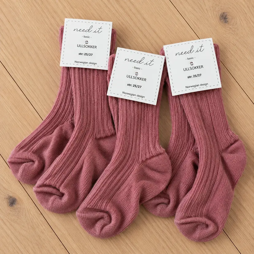 Need it 3pk ullsokker i merinoull Fin rosa str. 25/27