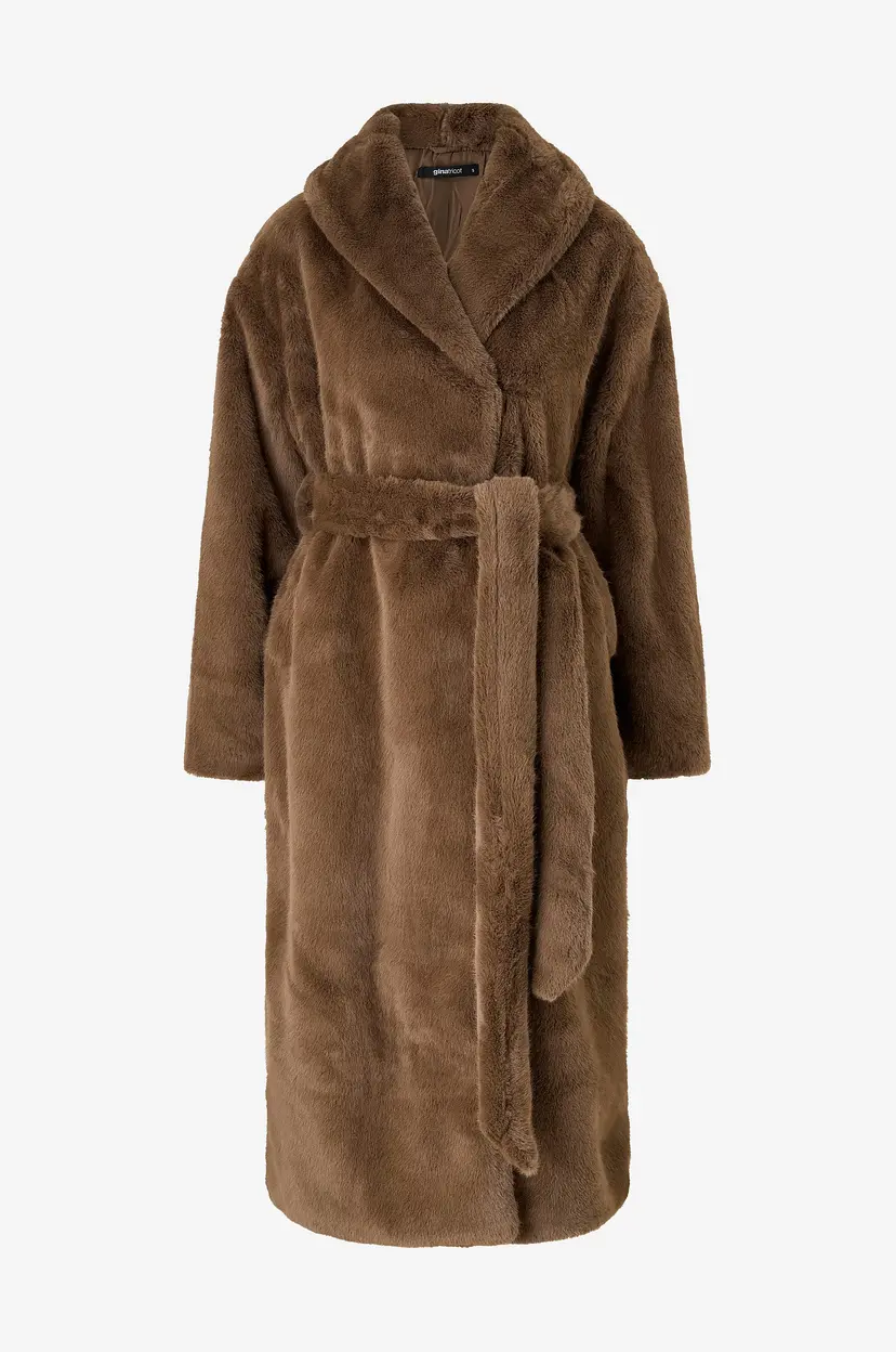 Gina Tricot Frakk av juksepels Faux Fur Belted Long - Brun