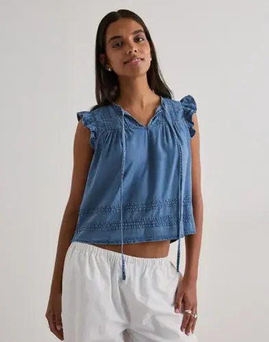 ONLY Only - Blå - Onlcharis Life Sl Tie Neck Top Wvn