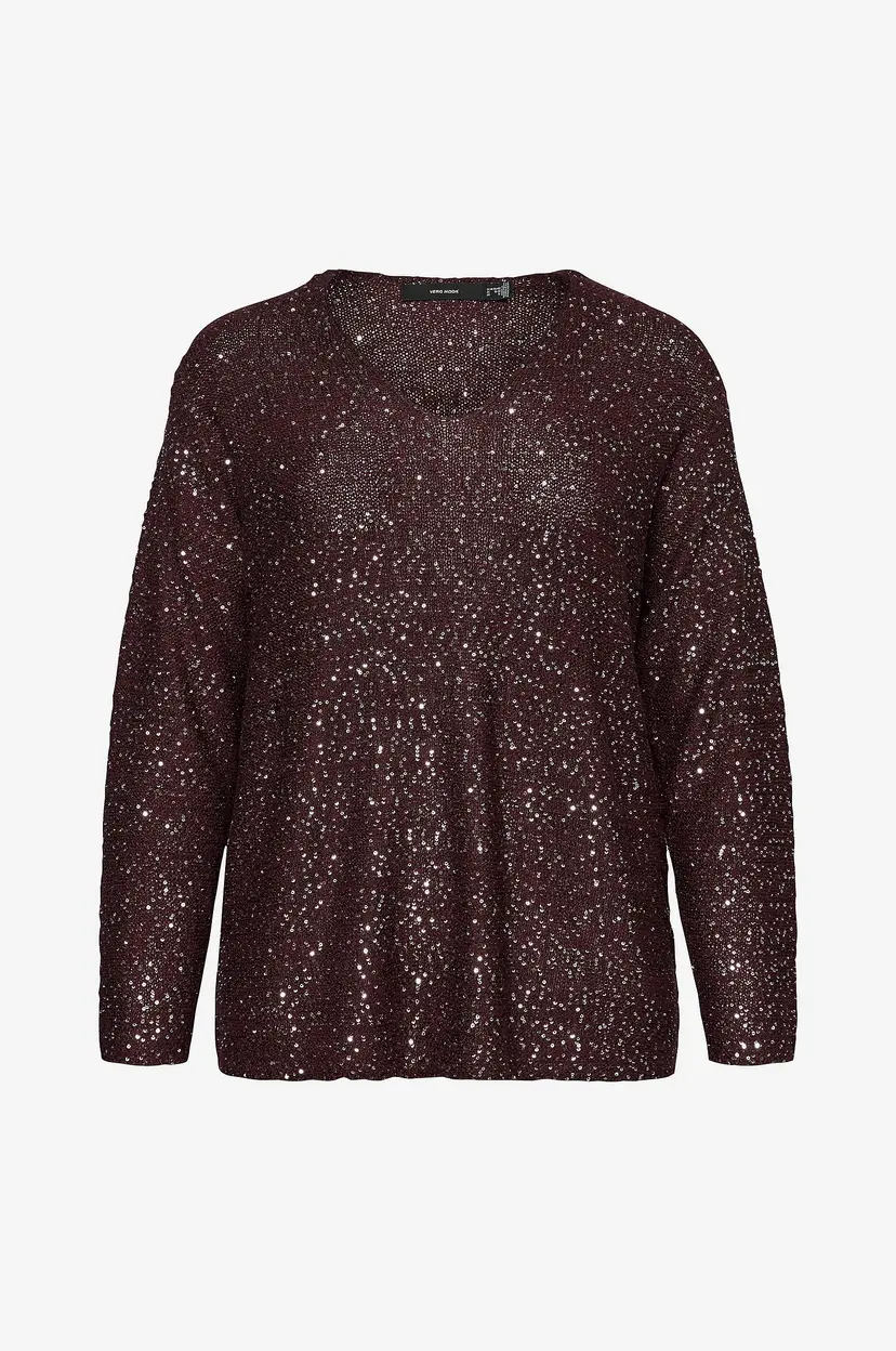 Vero Moda Curve Paljettgenser vmCleilani New LS V-neck Pullover - Rød