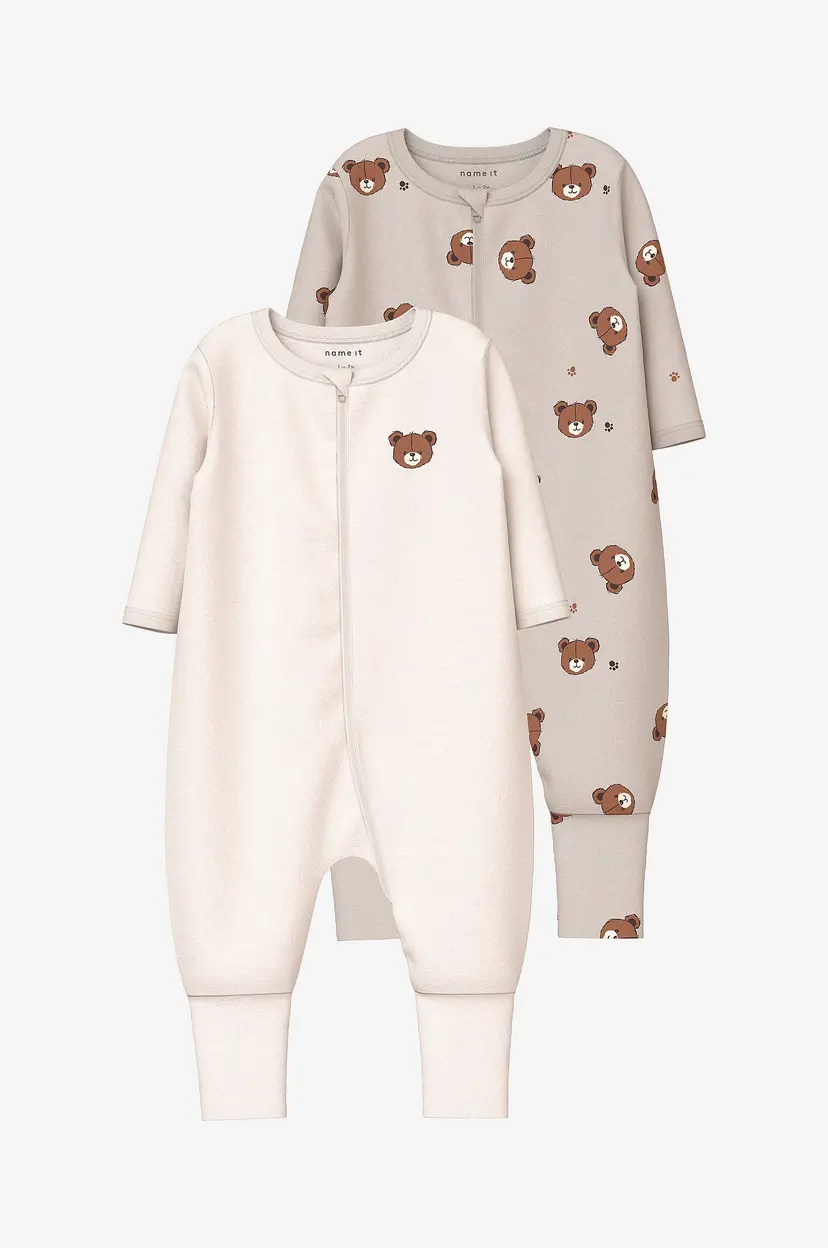 Name it baby Pyjamasoverall nbnNightsuit Zip FF Pumice Bear 2-pakning - Grå