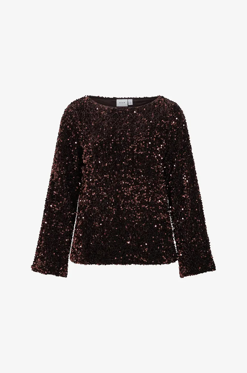 Vila Topp viFaith Boat Neck L/S Sequin - Brun