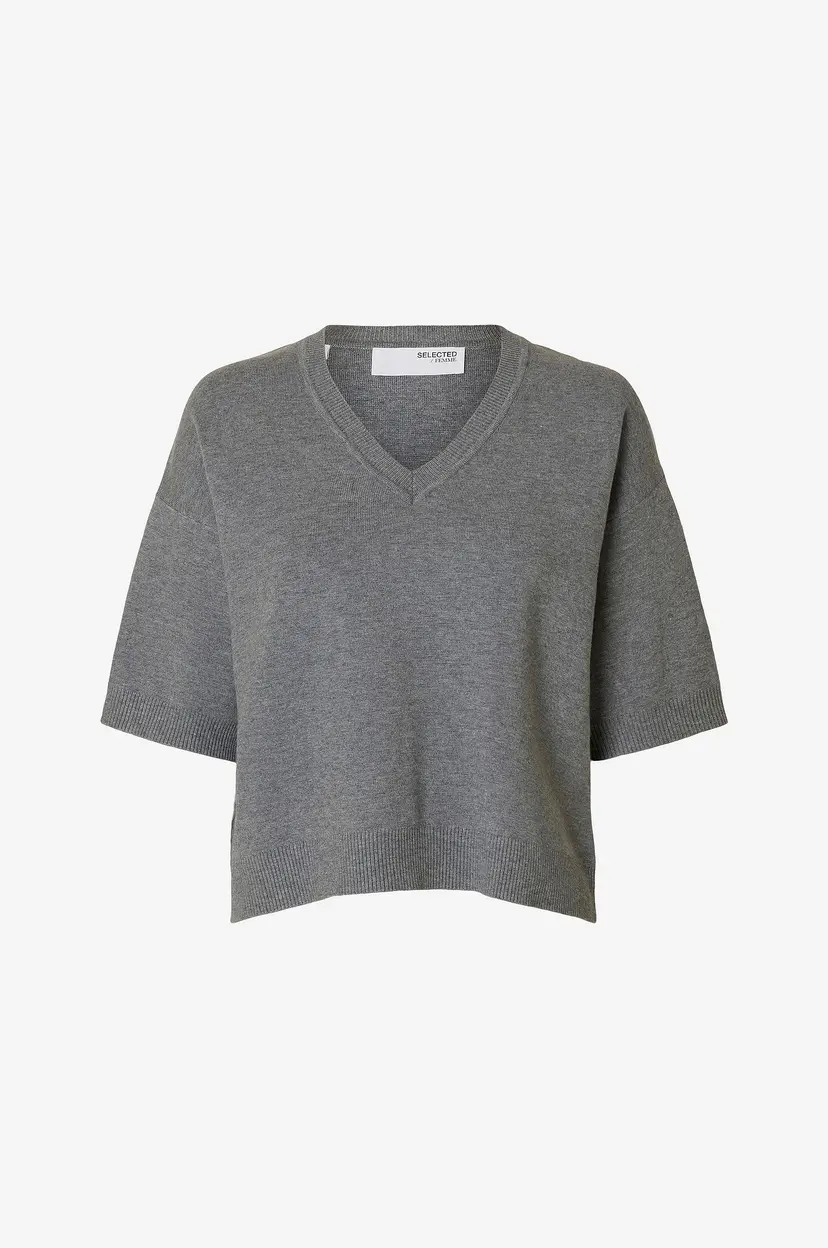 Selected Women Genser slfKamma 2/4 Knit V-neck - Grå