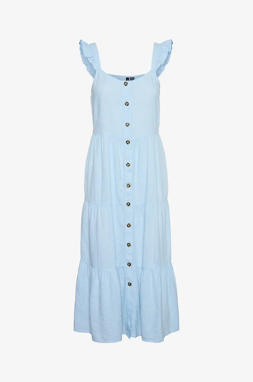 Vero Moda Kjole i lin vmLinn SL Calf Button Dress - Blå