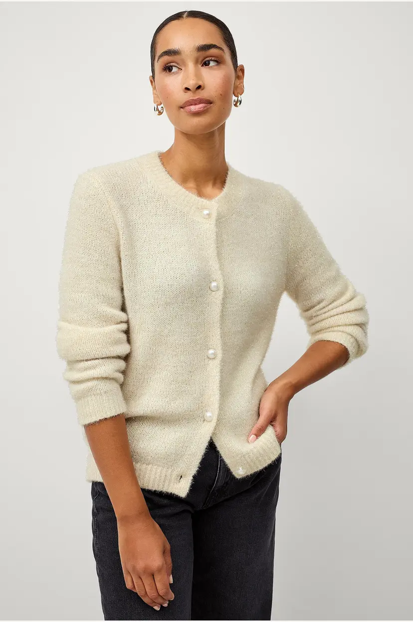 Ellos Collection Cardigan i lurex med perleknapper - Hvit