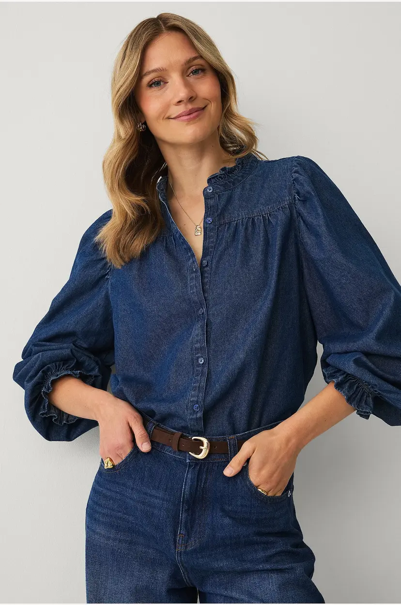 Ellos Collection Denimbluse med volanger - Blå