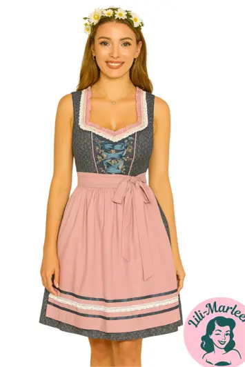 Lili Marleen Miss Rosalie  Oktoberfestkjole i Denimblå & Rosa Forklæde (2 dele)