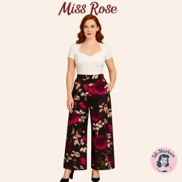 Lili Marleen Vintage-inspirerede bukser Miss Rose -  med brede ben og blomsterprintt