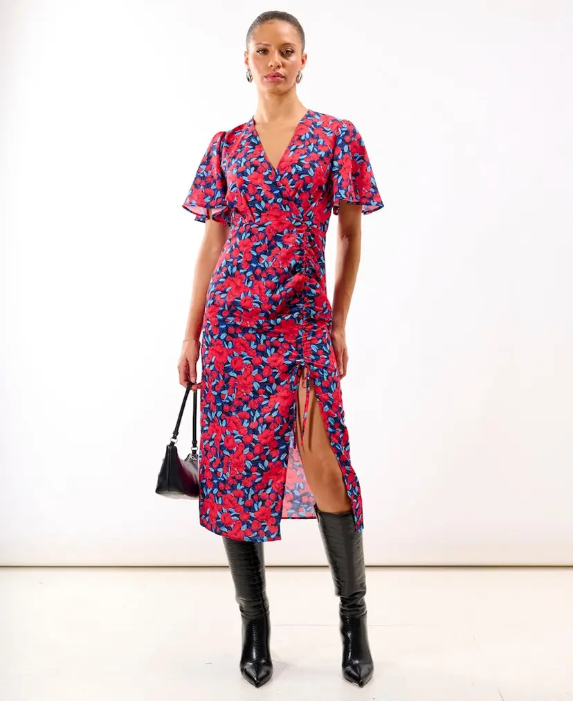 Needs No Label Red Floral Wrap Midi Dress