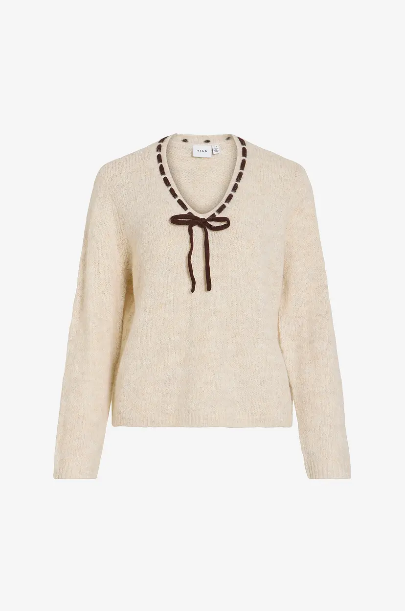Vila Genser Vinaye V-Neck L/S Detail Knit Top - Beige