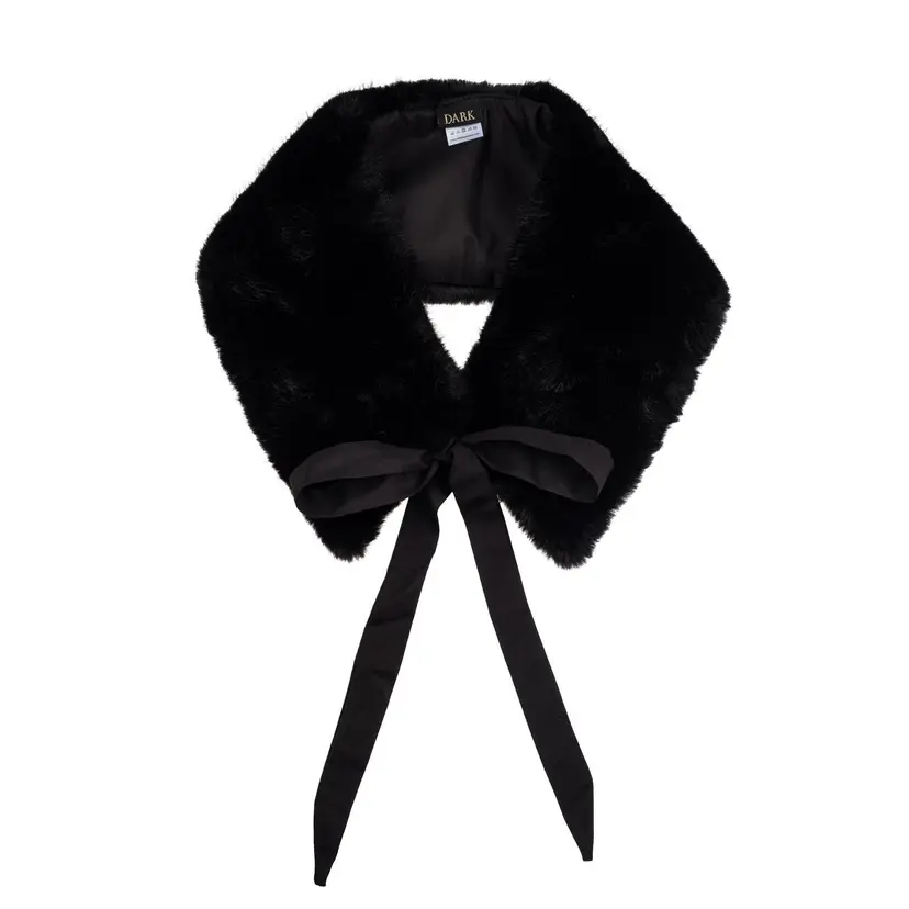 Dark Faux Fur Mink Trapezoid Scarf w/Ribbon Black