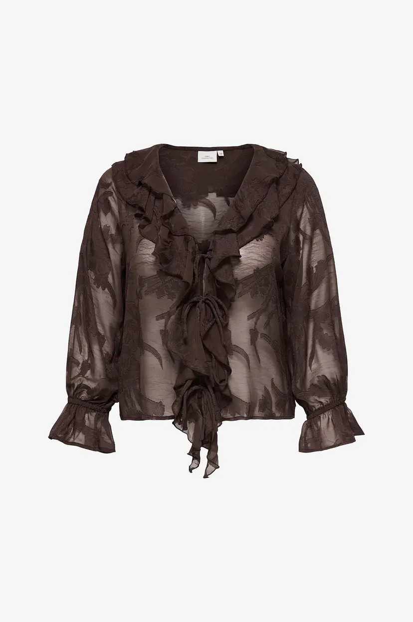 Only Carmakoma Bluse Careleni L/S Jacquard Tie Frill Top - Brun