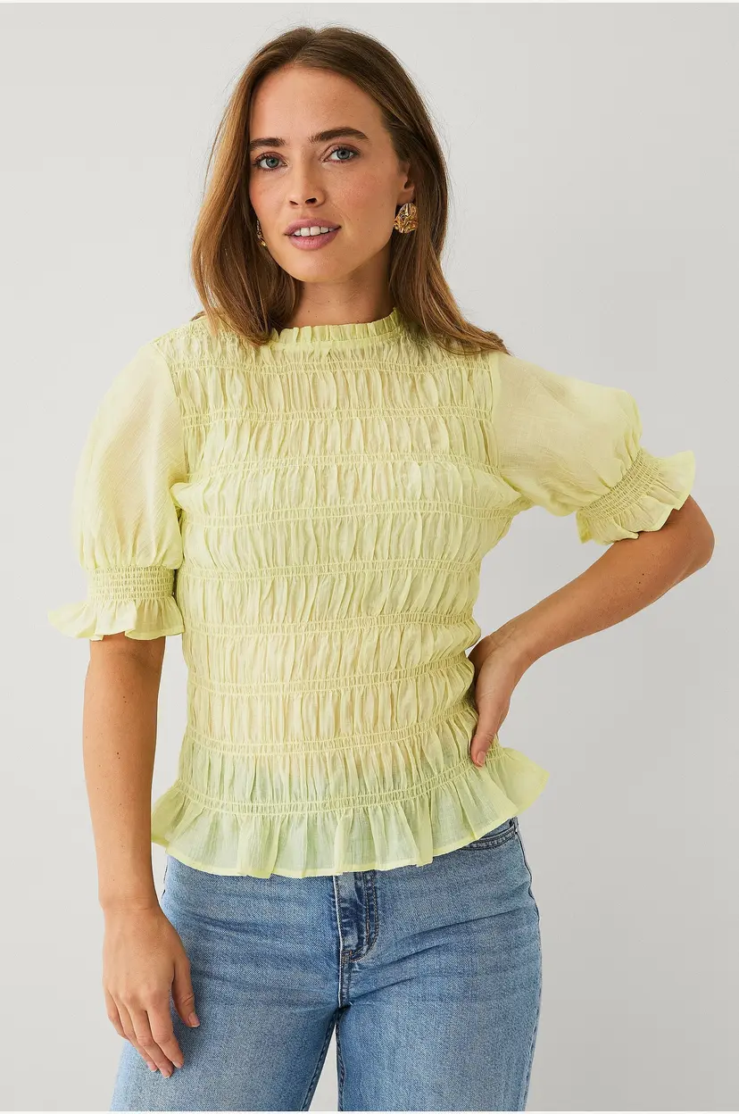 Ellos Collection Bluse med smokk og pufferme - Gul