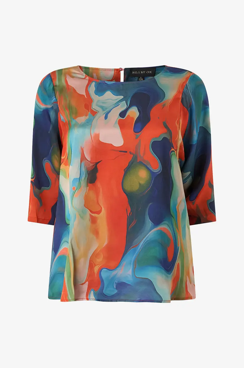 NO. 1 BY OX Bluse w 1/2 Lenght Wide Sleeves And Tie Cuffs - Flerfarget
